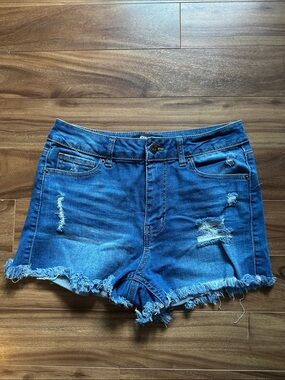 Wax Jean Blue Distressed Frayed Hem Denim Shorts